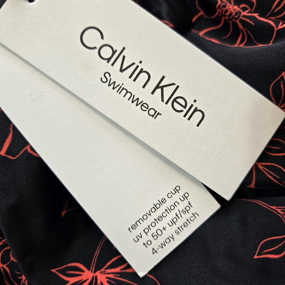 Calvin Klein Black Coral Floral Halter Blouson One Piece Swimsuit 12 NWT UPF - Picture 5 of 10